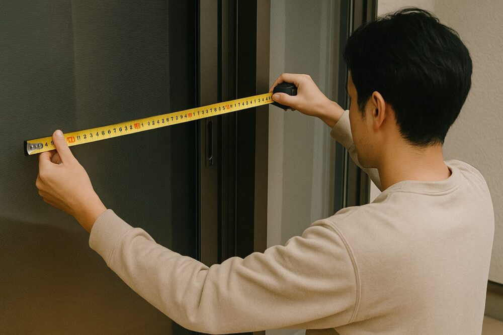 網戸を採寸する人