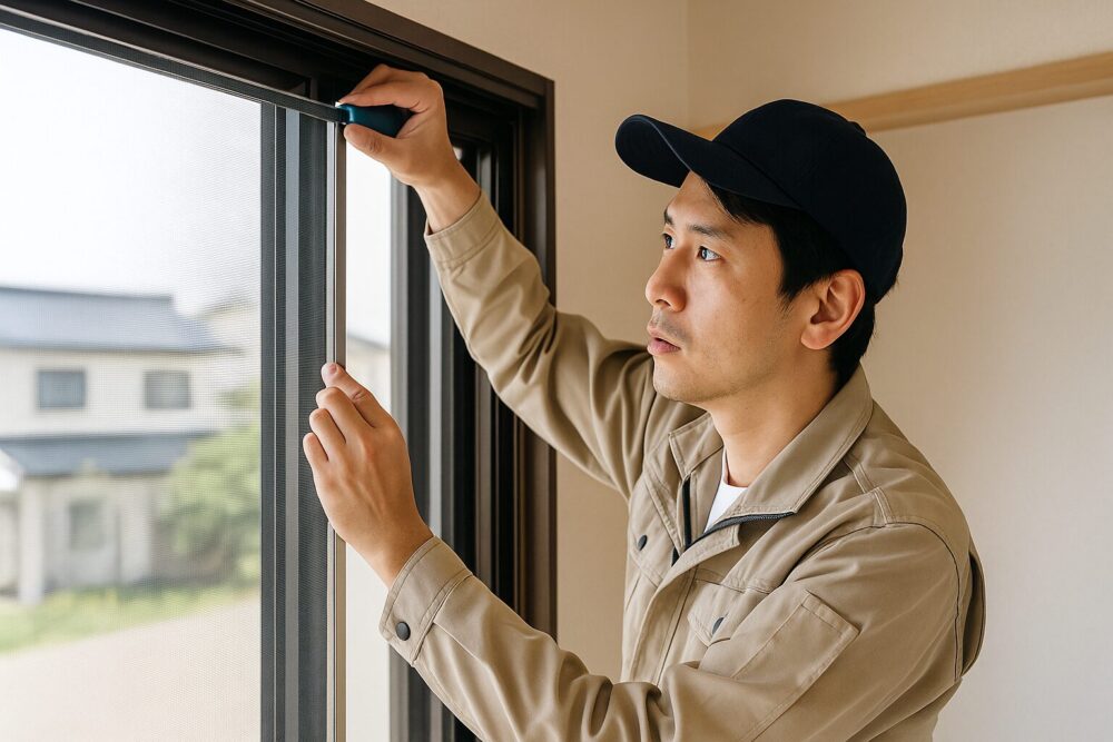 網戸を取り付けている人