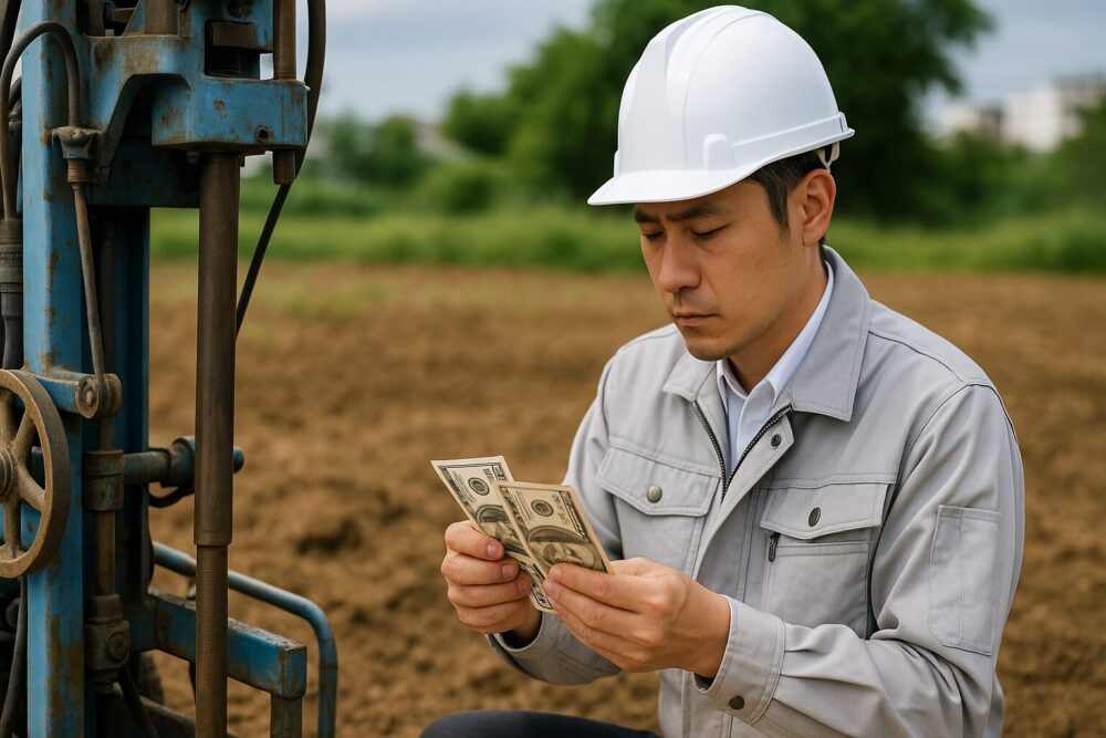 地盤調査をしながらお金を数える人
