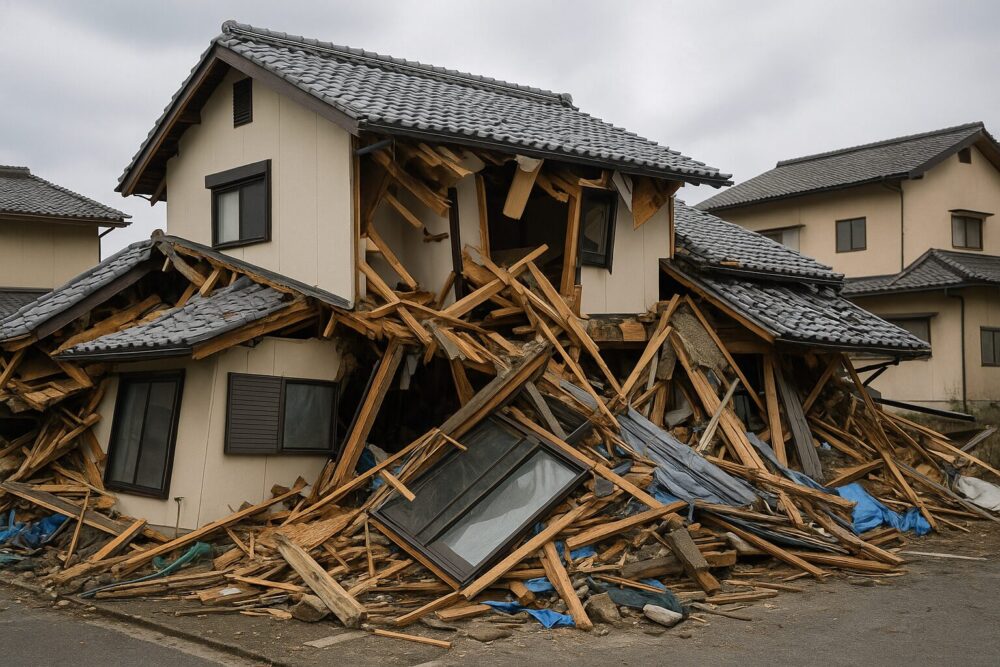 地震で倒壊している家