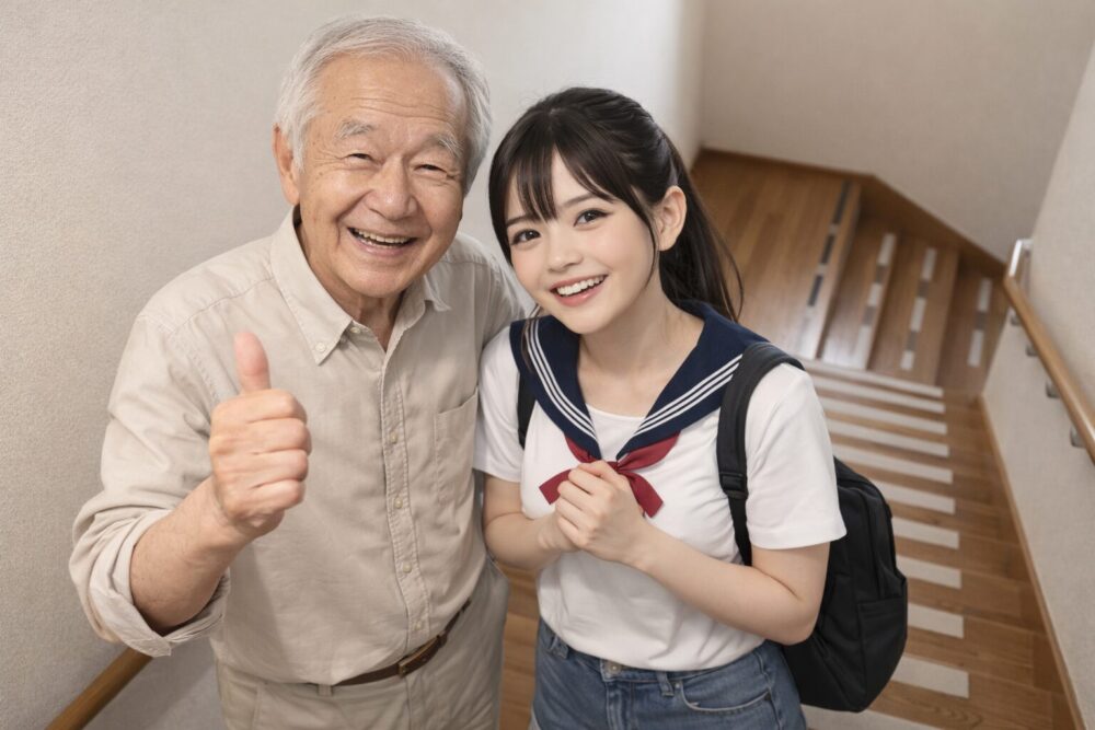 滑り止めをした階段の前で喜ぶ人