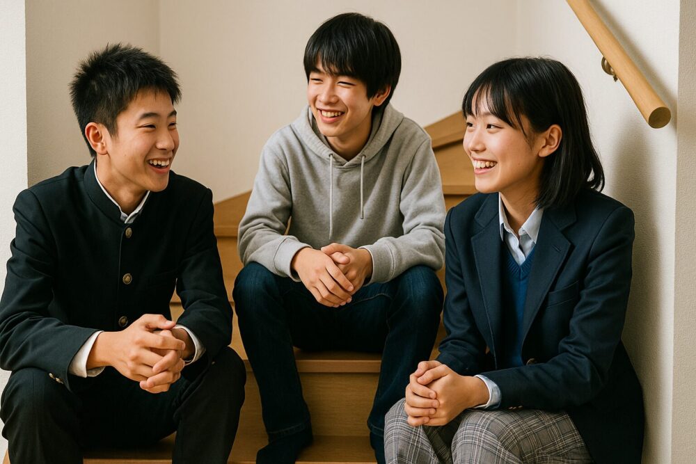 階段で座り話をする学生たち