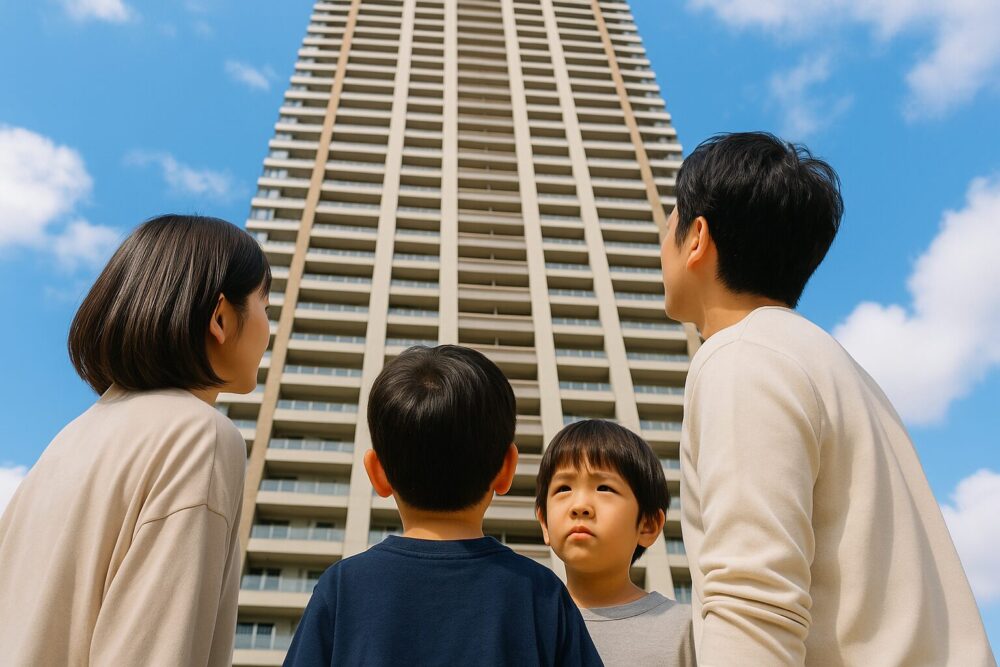 マンションを見上げる家族