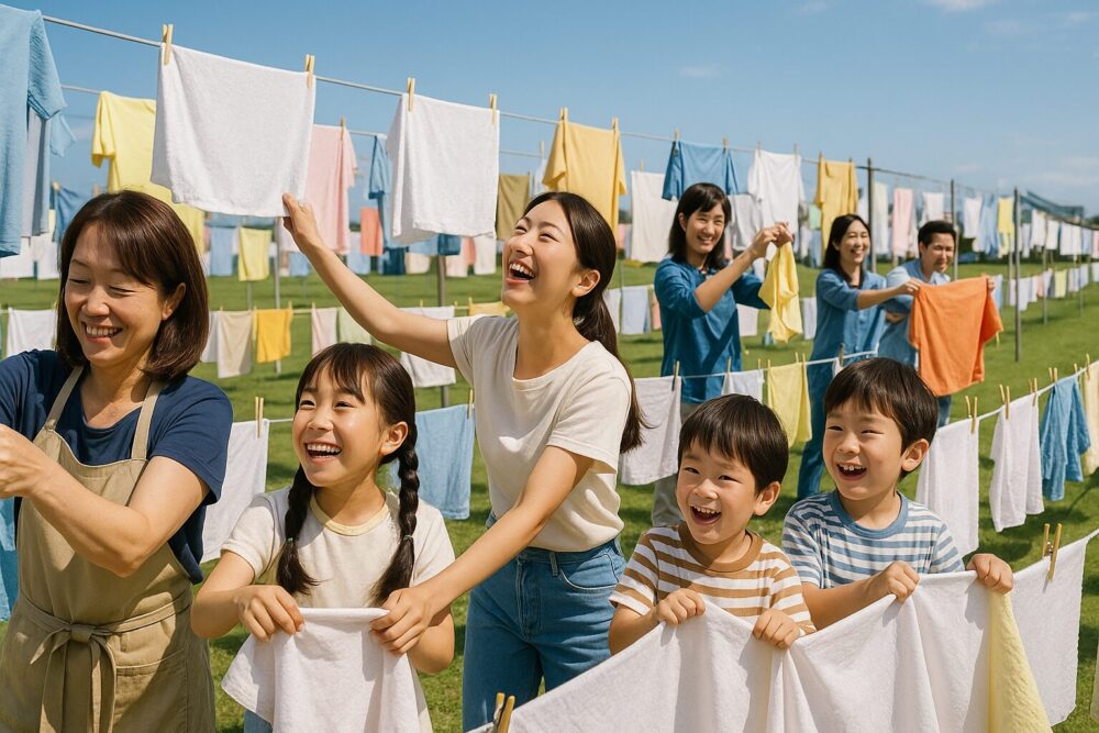 みんなで外干ししている家族