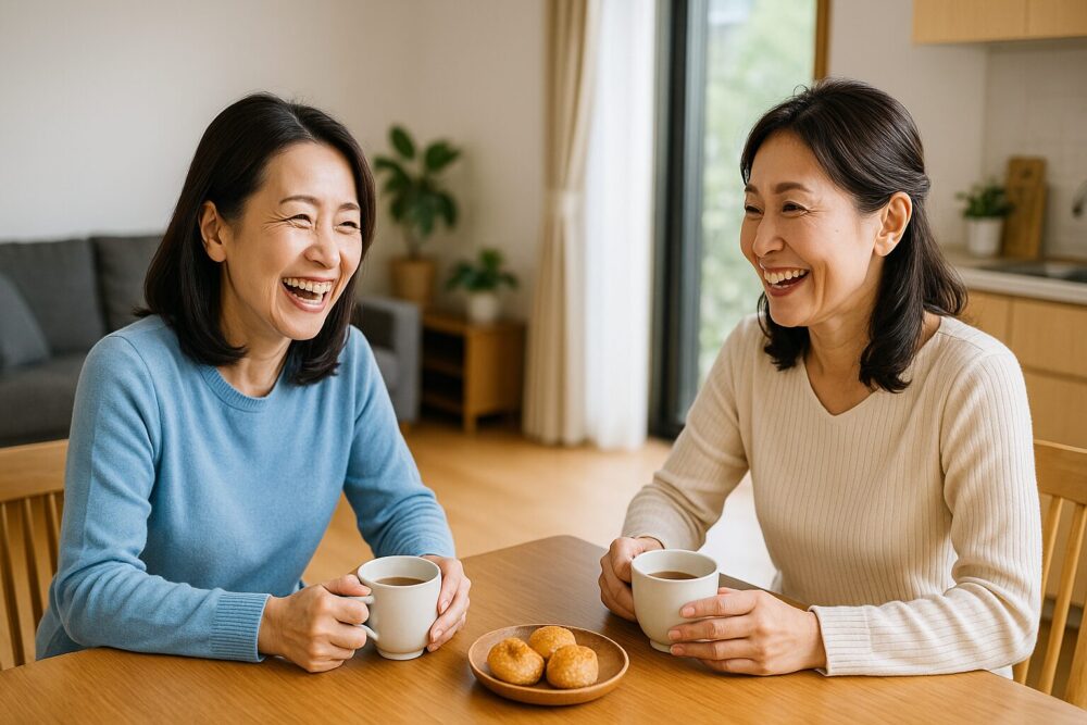 テーブルで会話する女性