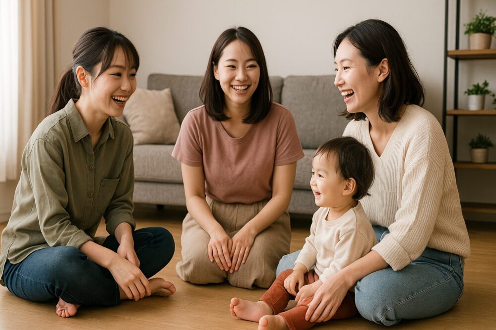 床に座って話をする人たち